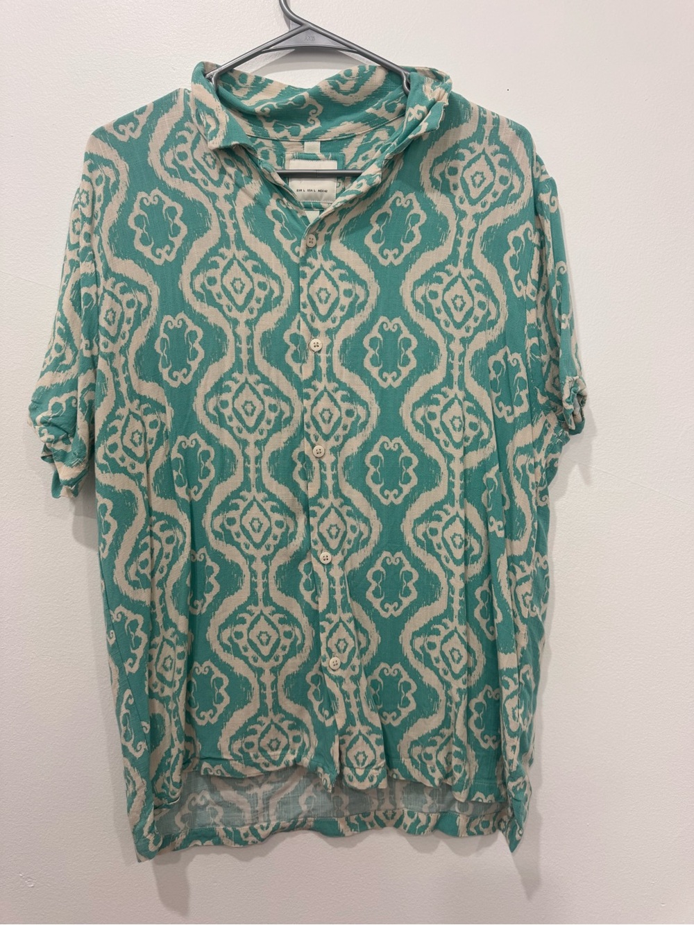 Casual Teal Patterned Short-Sleeve Button Shirt